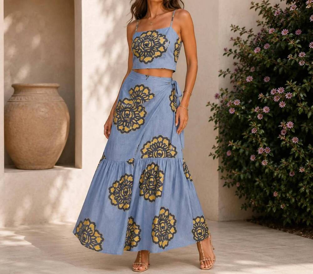 NEW MYSTERY RESORT azure bloom tie top maxi skirt set in denim